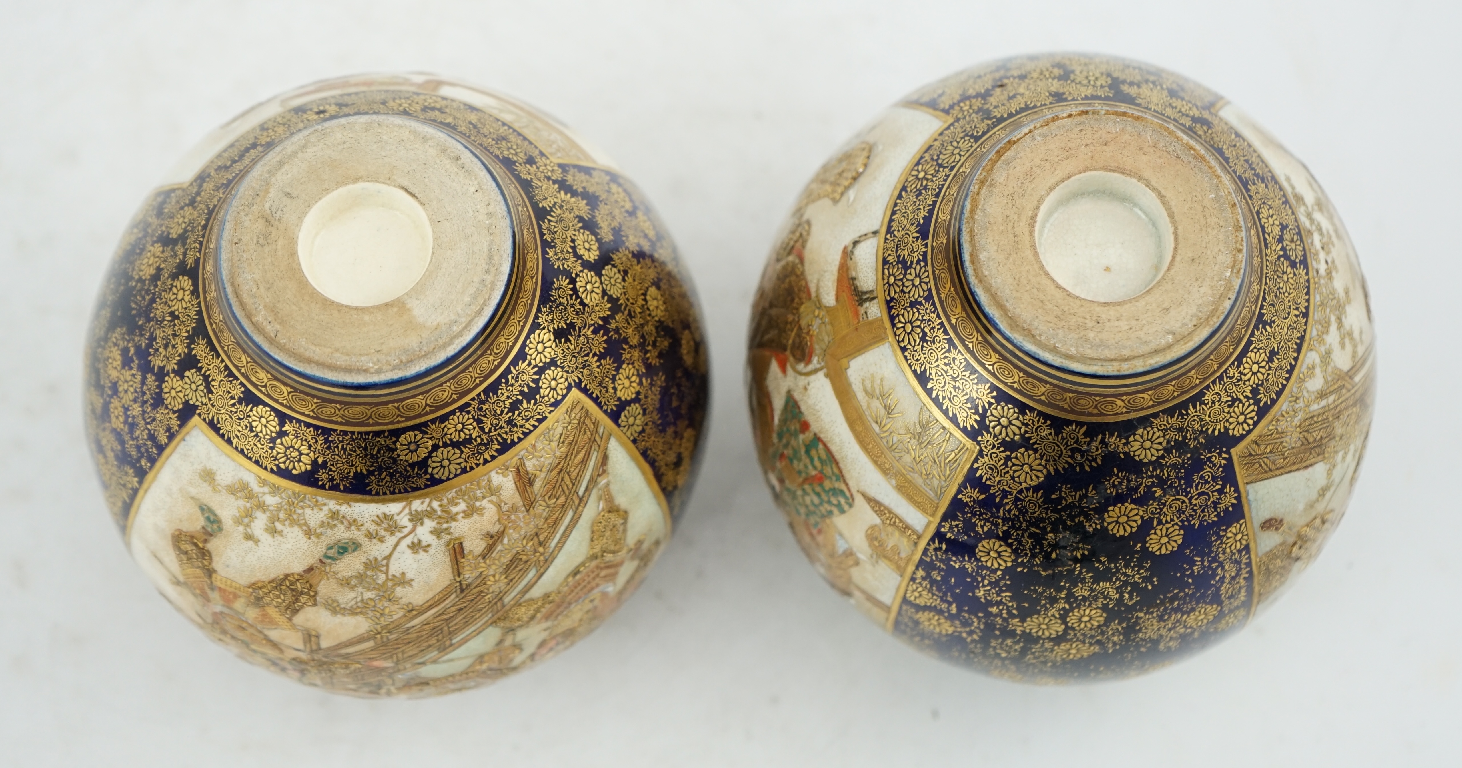 A pair of Japanese Satsuma blue ground globular vases, Meiji period